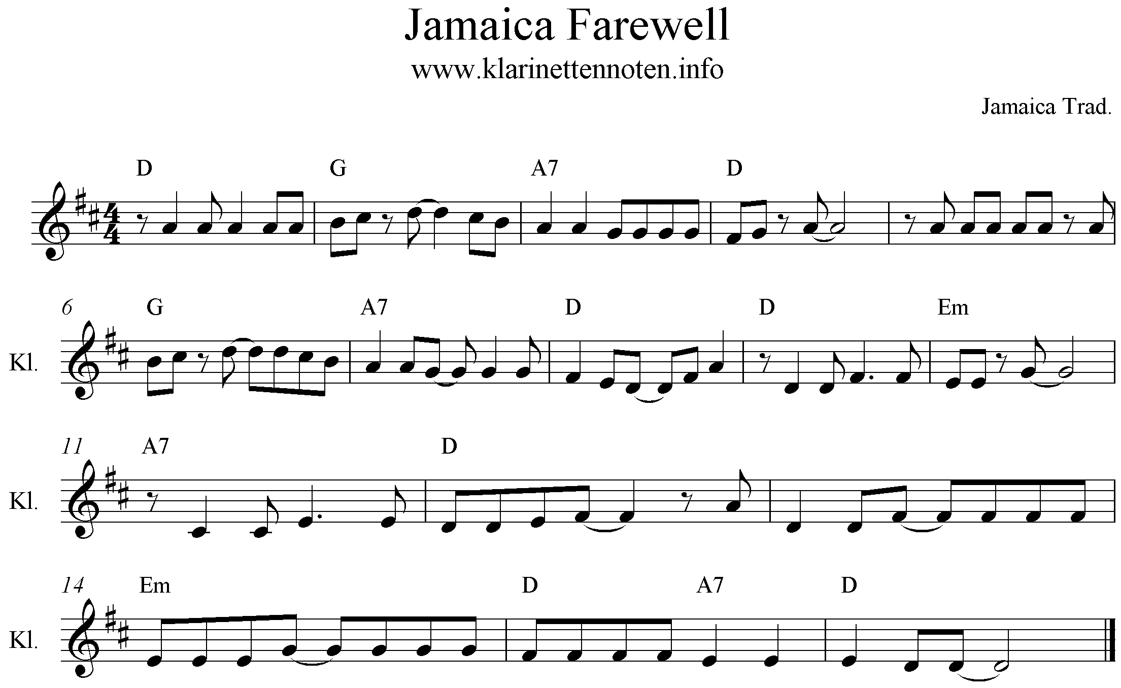 sheetmusic Jamaica Farewell, D-Dur, D-Major, Clarinet